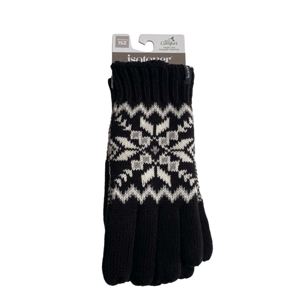 NWT Isotoner Adult Snowflake Knit Gloves One Size Black NEW - Picture 2 of 10